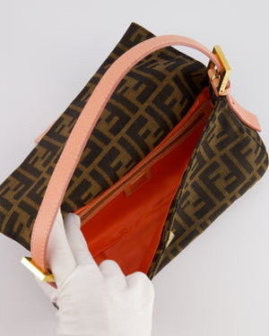 *COLLECTOR
S* Fendi Brown Zucca Monogram Vintage Baguette Bag in Fabric with Pink Leather Strap &amp; Gold Hardware