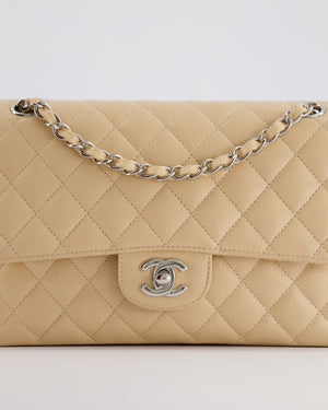 Chanel Beige Medium Classic Double Flap in Caviar Leather with Silver Hardware