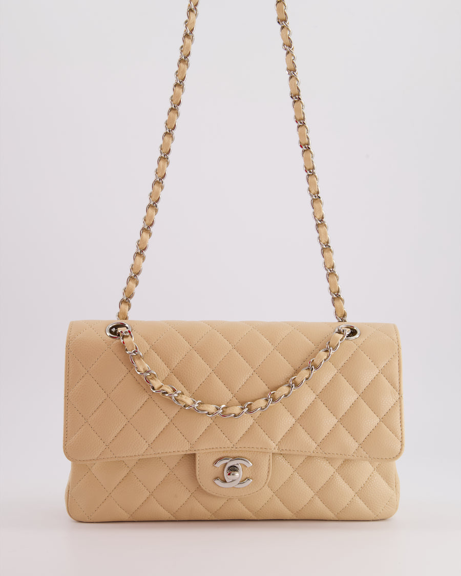 Chanel Beige Medium Classic Double Flap in Caviar Leather with Silver Hardware