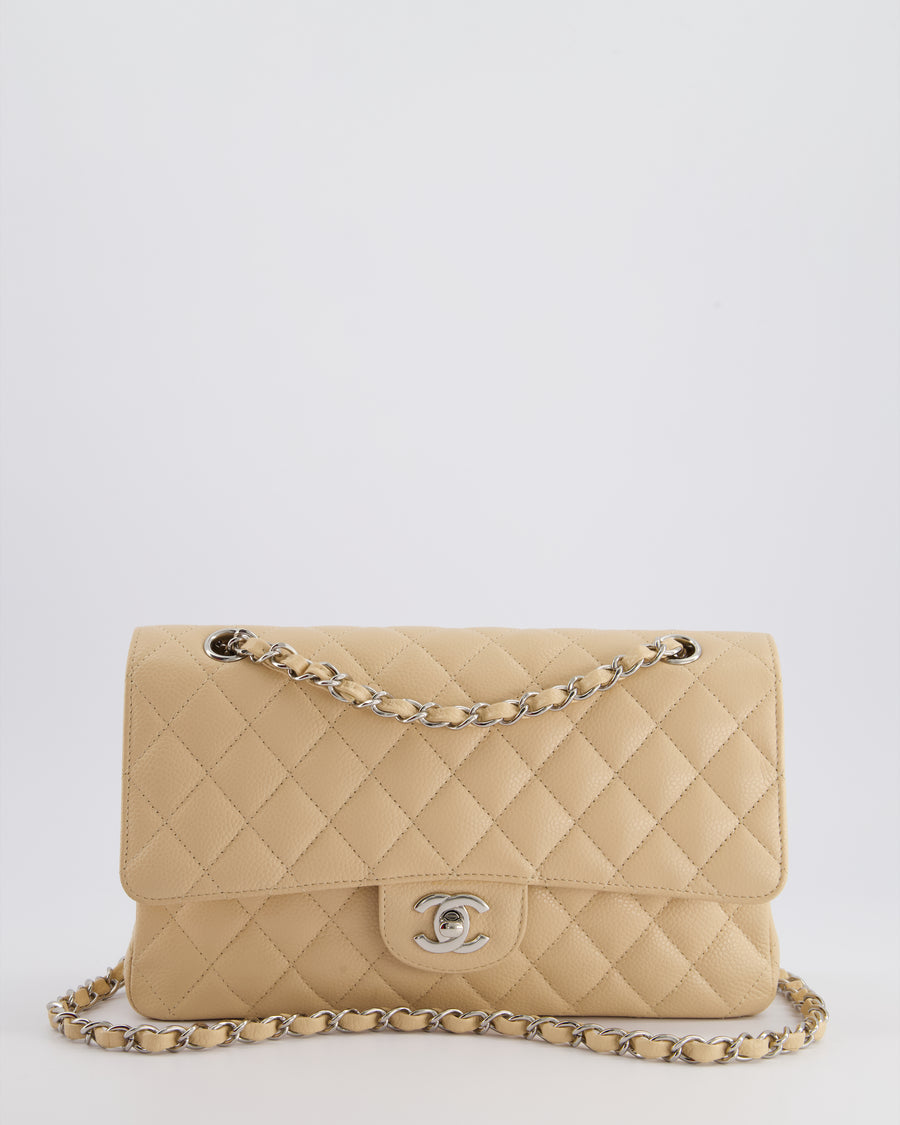 Chanel Beige Medium Classic Double Flap in Caviar Leather with Silver Hardware