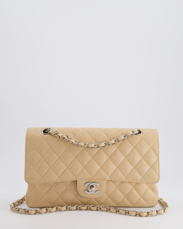 Chanel Beige Medium Classic Double Flap in Caviar Leather with Silver Hardware