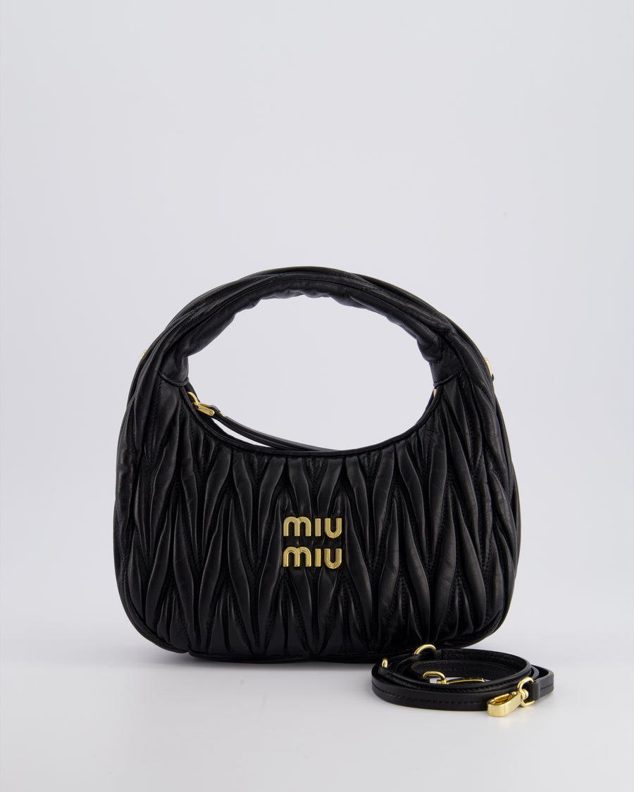 Miu Miu Small Black Wander Matelassé Nappa Leather Hobo Bag with Gold Hardware RRP £1,930