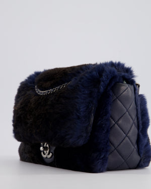 *HOT* Chanel Navy Rabbit Fur Single Flap Bag with Silver Hardware