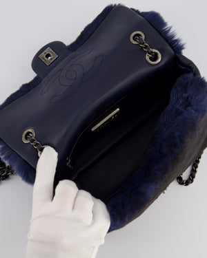 *HOT* Chanel Navy Rabbit Fur Single Flap Bag with Silver Hardware