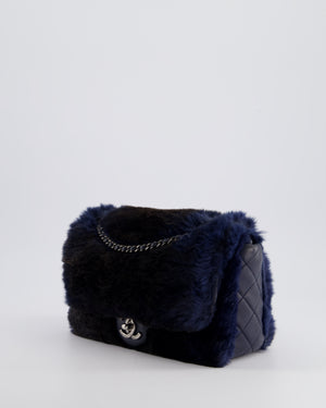 *HOT* Chanel Navy Rabbit Fur Single Flap Bag with Silver Hardware