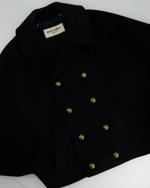 Saint Laurent Black Wool Cape Style Coat With Gold Buttons Size FR 38 (UK 10)