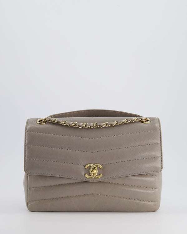 Chanel Light Grey Chevron Miroir Flap Bag in Distressed Calfskin Leather with Champagne Gold Hardware