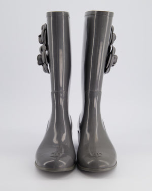 Chanel Stone Grey Rubber Rain Boots with Camelia 
CC Logo Detail Size EU 37