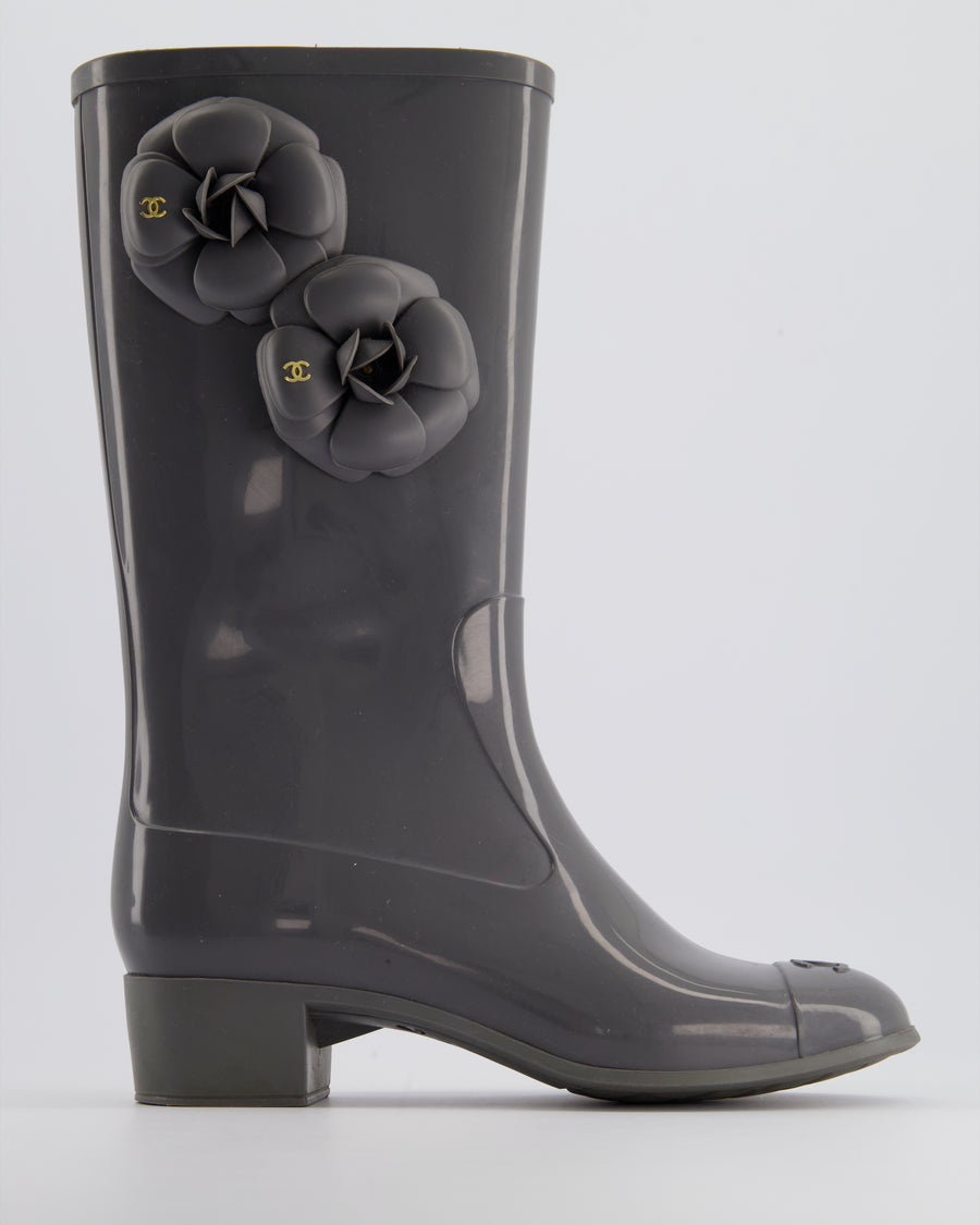 Chanel Stone Grey Rubber Rain Boots with Camelia 
CC Logo Detail Size EU 37