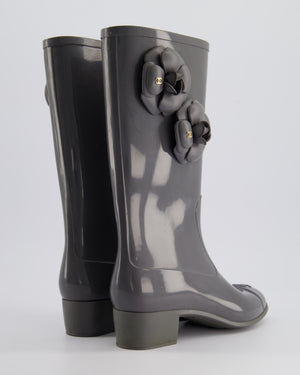 Chanel Stone Grey Rubber Rain Boots with Camelia 
CC Logo Detail Size EU 37