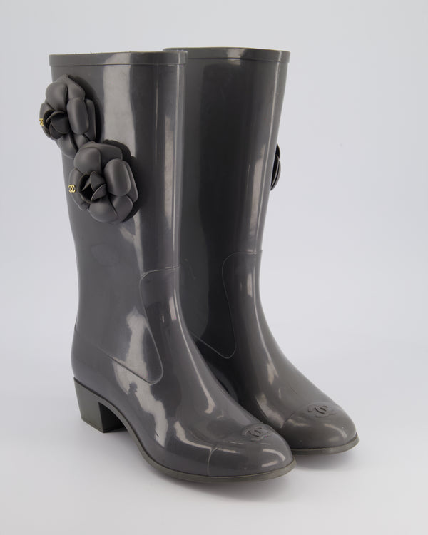 Chanel Stone Grey Rubber Rain Boots with Camelia 
CC Logo Detail Size EU 37