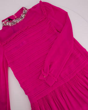 Miu Miu Fuchsia Long Sleeve Pleated Mini Dress with Embellished Neck Detail Size IT 38 (UK 6)