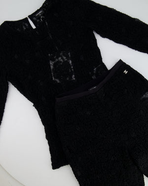 Chanel Black Textured Tulle Top and Cyclist Shorts Set with Camelia Details and Crystal CC Logos Size FR 34 (UK 6)