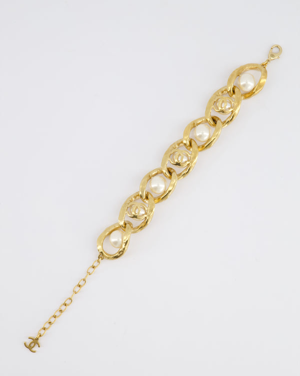 Chanel Cruise 2020 Champagne Gold CC Link Bracelet with Pearl Detail