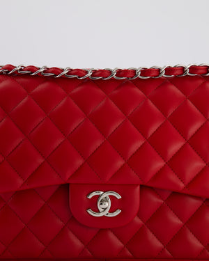 *HOT COLOUR* Chanel Red Jumbo Classic Double Flap Bag in Lambskin Leather with Silver Hardware