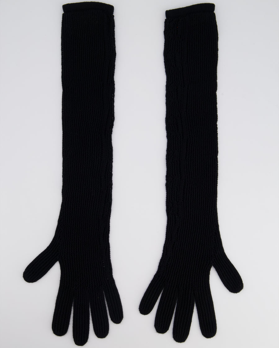 Gucci Black Knitted Long Gloves with GG Monogram Detail Size O/S