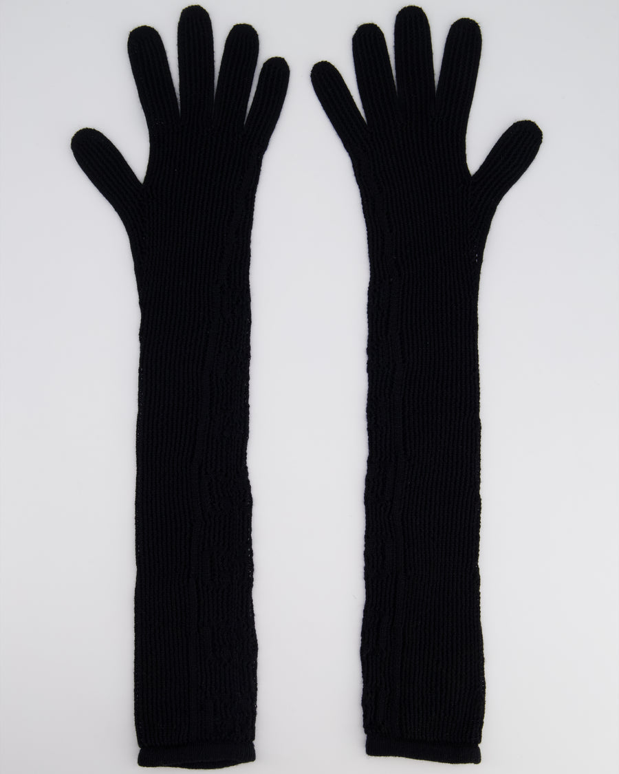 Gucci Black Knitted Long Gloves with GG Monogram Detail Size O/S