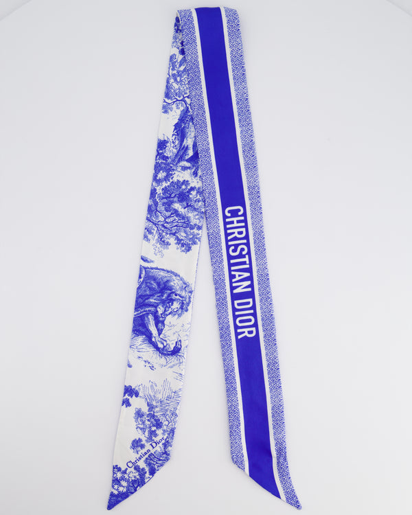 Christian Dior Blue Toile De Jouy Silk Reversible Logo Scarf