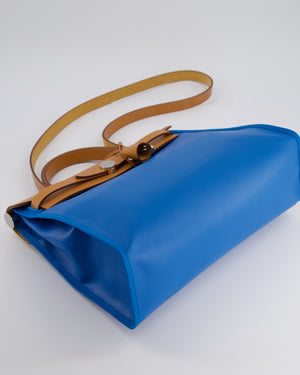 *HOT 
RARE* Hermès Herbag 31 in Bleu Zanzibar Berlin Coated Canvas, Natural Vache Hunter Leather and Ecrù Toile H Canvas with Palladium Hardware