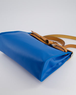 *HOT 
RARE* Hermès Herbag 31 in Bleu Zanzibar Berlin Coated Canvas, Natural Vache Hunter Leather and Ecrù Toile H Canvas with Palladium Hardware