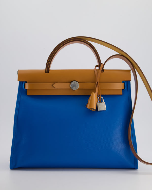 *HOT 
RARE* Hermès Herbag 31 in Bleu Zanzibar Berlin Coated Canvas, Natural Vache Hunter Leather and Ecrù Toile H Canvas with Palladium Hardware