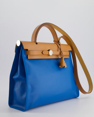 *HOT 
RARE* Hermès Herbag 31 in Bleu Zanzibar Berlin Coated Canvas, Natural Vache Hunter Leather and Ecrù Toile H Canvas with Palladium Hardware