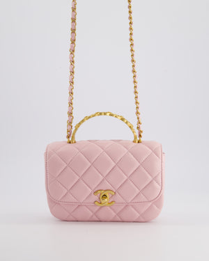 Chanel Pink Single Flap Top Handle Bag in Lambskin Leather with Long Chain and Crystal CC Details in Gold Hardware