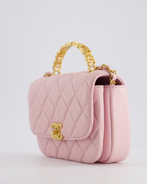 Chanel Pink Single Flap Top Handle Bag in Lambskin Leather with Long Chain and Crystal CC Details in Gold Hardware