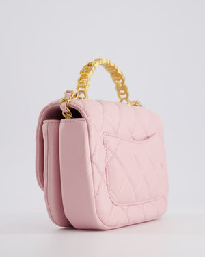 Chanel Pink Single Flap Top Handle Bag in Lambskin Leather with Long Chain and Crystal CC Details in Gold Hardware