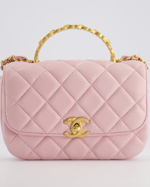 Chanel Pink Single Flap Top Handle Bag in Lambskin Leather with Long Chain and Crystal CC Details in Gold Hardware