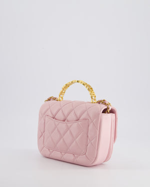 Chanel Pink Single Flap Top Handle Bag in Lambskin Leather with Long Chain and Crystal CC Details in Gold Hardware