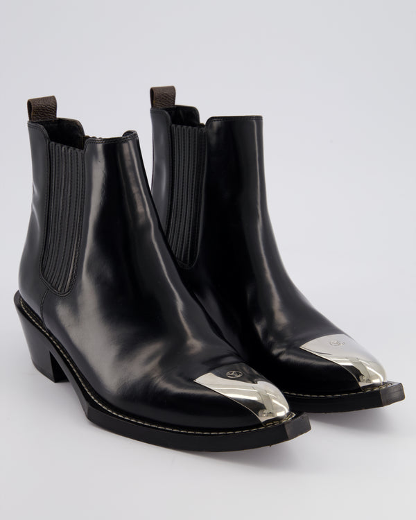 Louis Vuitton Black Patent Cowboy Style Ankle Boots with Silver Logo Toe Cap Detail Size EU 39