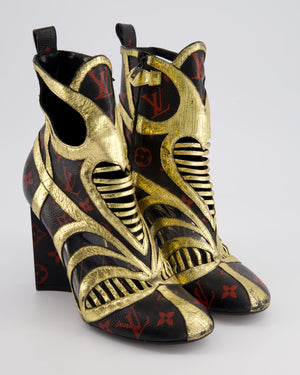 Louis Vuitton Black, Red and Gold Infrarouge Monogram Canvas and Gold Leather Queen of Hearts Heel Ankle Boots Size EU 39