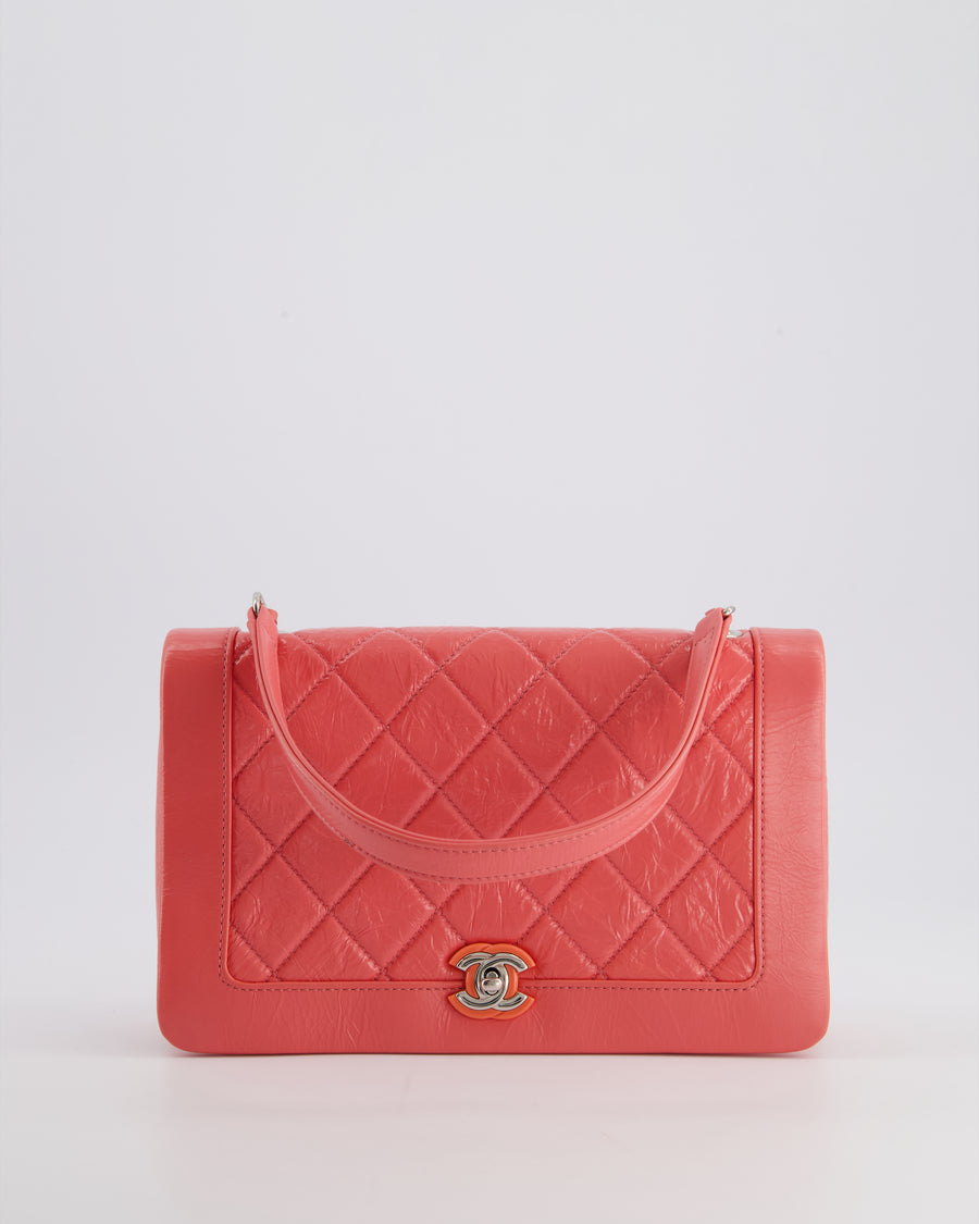 Chanel Pink Patent Crinkled Calfskin Leather Flap Bag with Enamel CC Logo and Silver Hardware