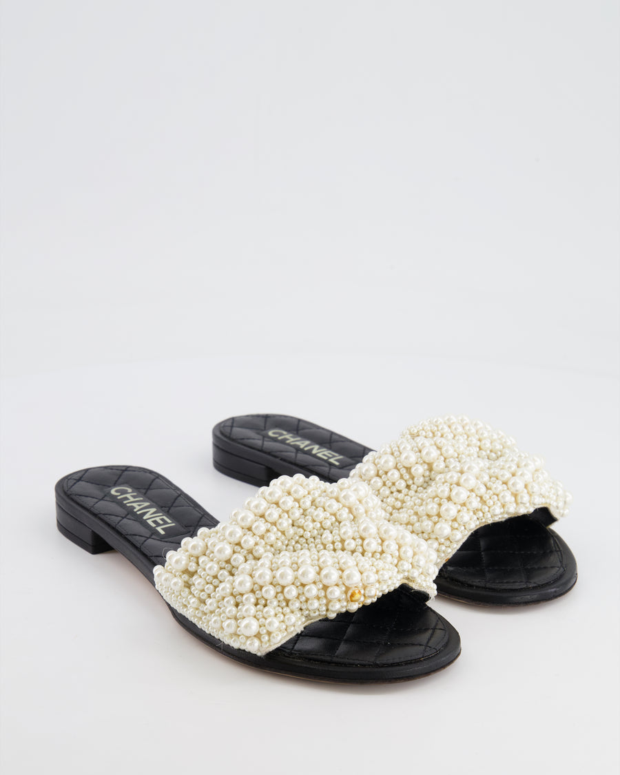 Chanel Black Sandals with Pearl Embellishment and CC Logo Detail Size EU 38.5