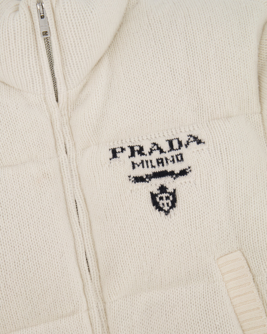 Prada Cream Wool and Cashmere Puffer Jacket with Logo Detail Size IT 38 (UK 6) RRP £2,225