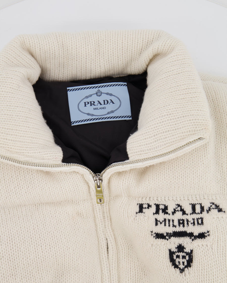 Prada Cream Wool and Cashmere Puffer Jacket with Logo Detail Size IT 38 (UK 6) RRP £2,225