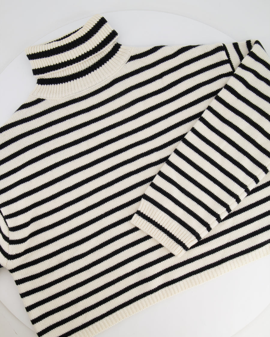 Soft Goat White and Black Striped Knit High Neck Wool Jumper Size S (UK 8)