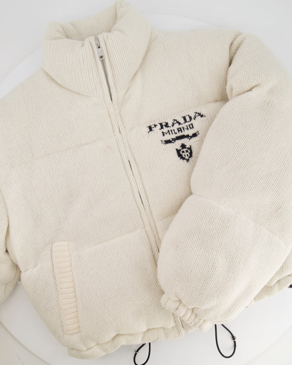 Prada Cream Wool and Cashmere Puffer Jacket with Logo Detail Size IT 38 (UK 6) RRP £2,225