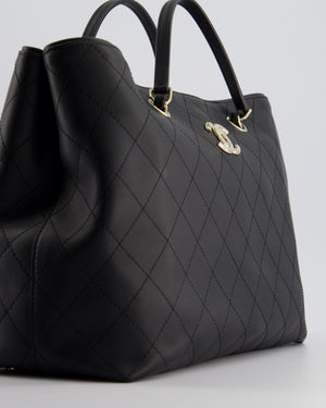 Chanel Black Quilted Tote Bag in Calfskin Leather with Champagne Hardware 
CC Detail