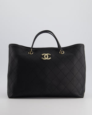 Chanel Black Quilted Tote Bag in Calfskin Leather with Champagne Hardware 
CC Detail