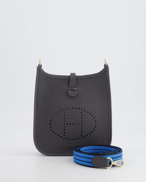 Hermès Mini Evelyne Bag in Ardoise Clemence Leather with Gold Hardware and Bleu Caban/Bleu Hydra Strap