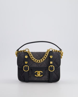 Chanel Grey Mini Denim Flap Bag with Brushed Gold Hardware and Charm Detail