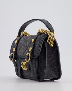 Chanel Grey Mini Denim Flap Bag with Brushed Gold Hardware and Charm Detail