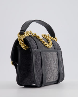 Chanel Grey Mini Denim Flap Bag with Brushed Gold Hardware and Charm Detail