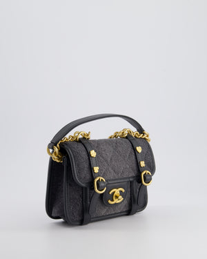 Chanel Grey Mini Denim Flap Bag with Brushed Gold Hardware and Charm Detail