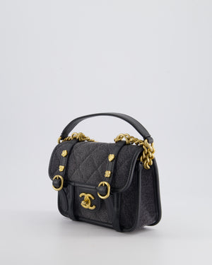 Chanel Grey Mini Denim Flap Bag with Brushed Gold Hardware and Charm Detail