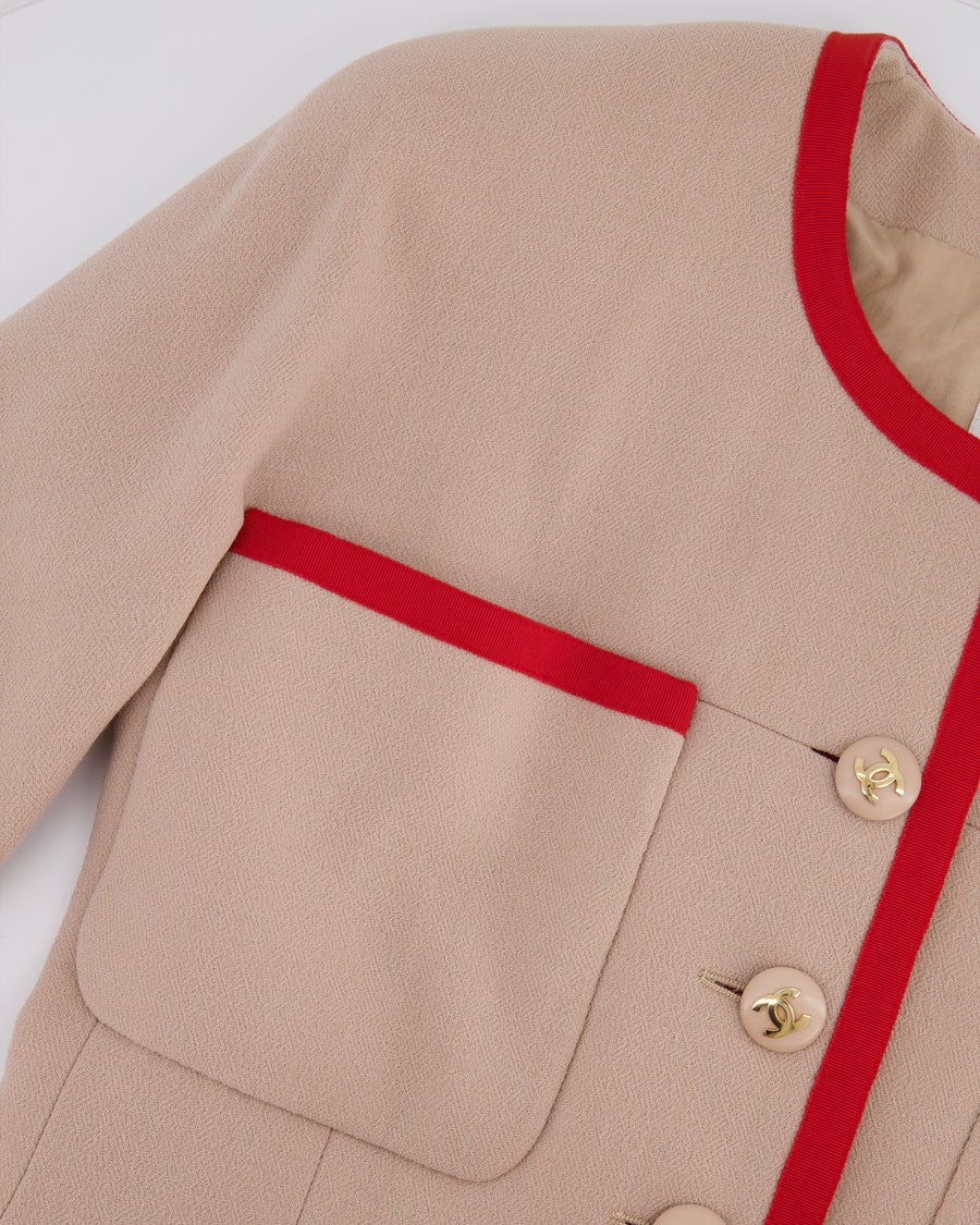 Chanel Vintage Wool Beige and Red Jacket with Gold CC Button Details Size FR 38 (UK 10)