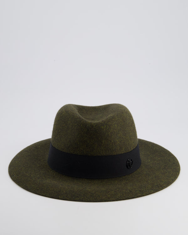 Maison Michel Paris Dark Green Wool Felt Hat with Black Bandeaux Detail