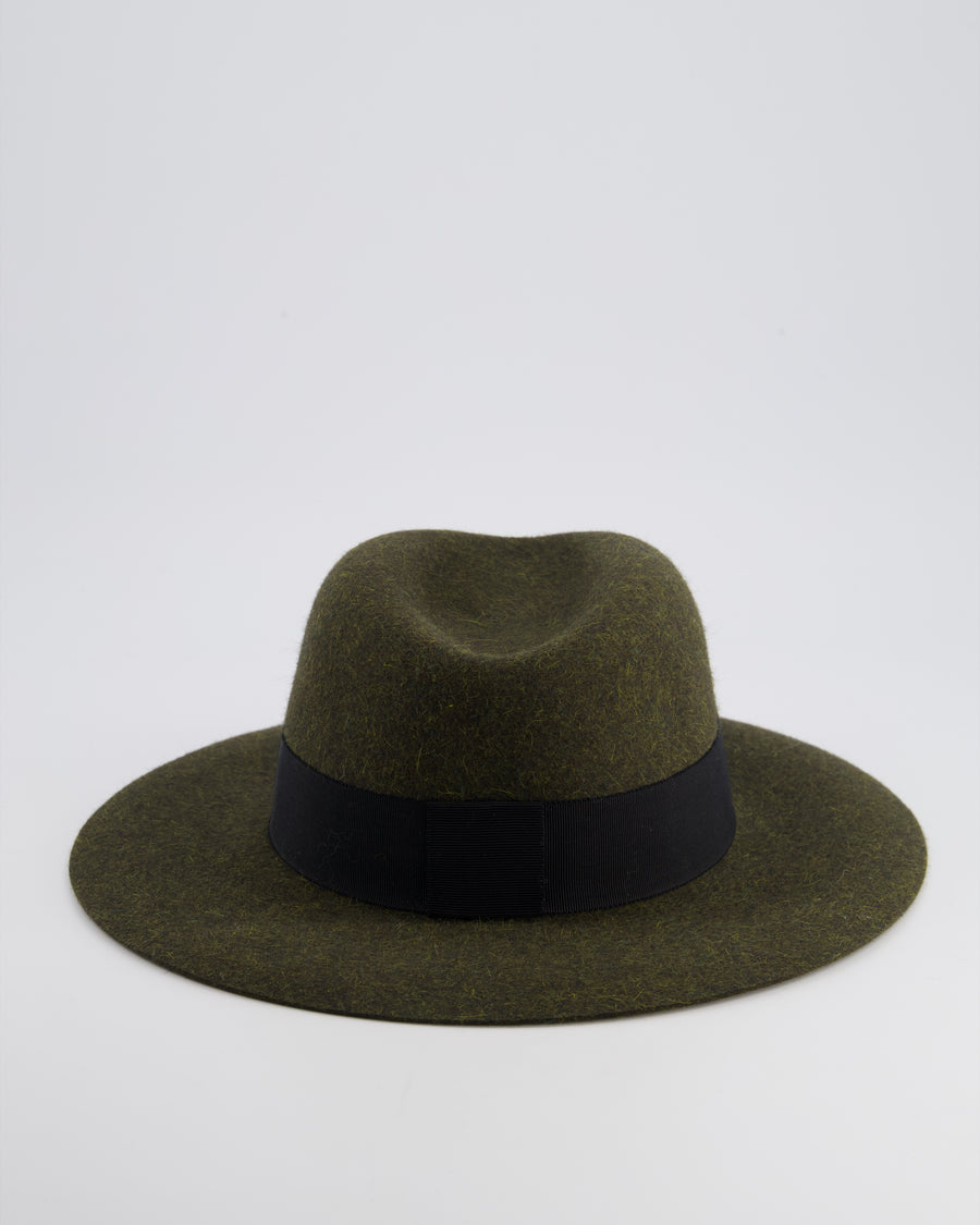 Maison Michel Paris Dark Green Wool Felt Hat with Black Bandeaux Detail